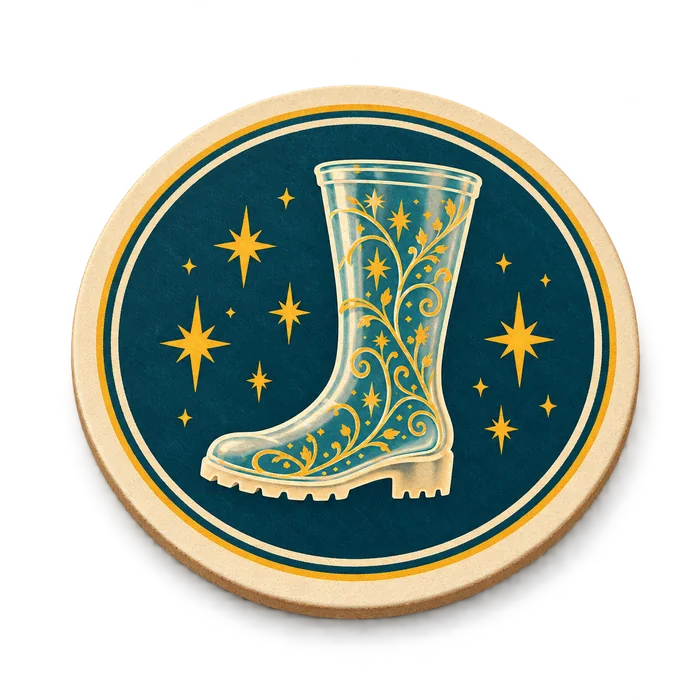 Round beer mat with the glass welly among gold stars