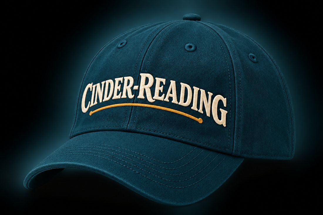 Petrol blue cap with Cinder-Reading embroidered in cream and a gold underline