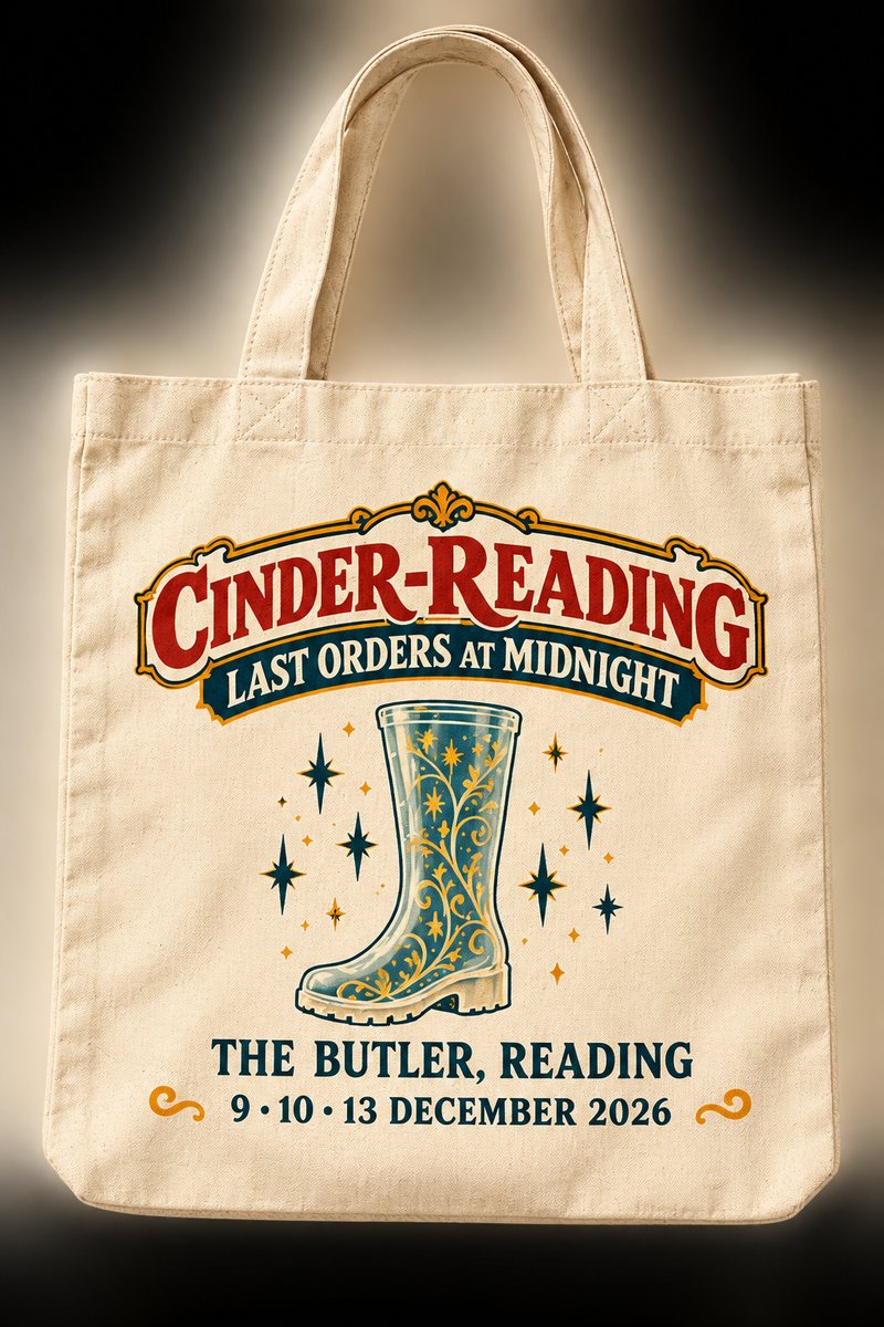 Natural canvas tote bag printed with the masthead, the glass welly and The Butler, Reading, 9, 10 and 13 December 2026