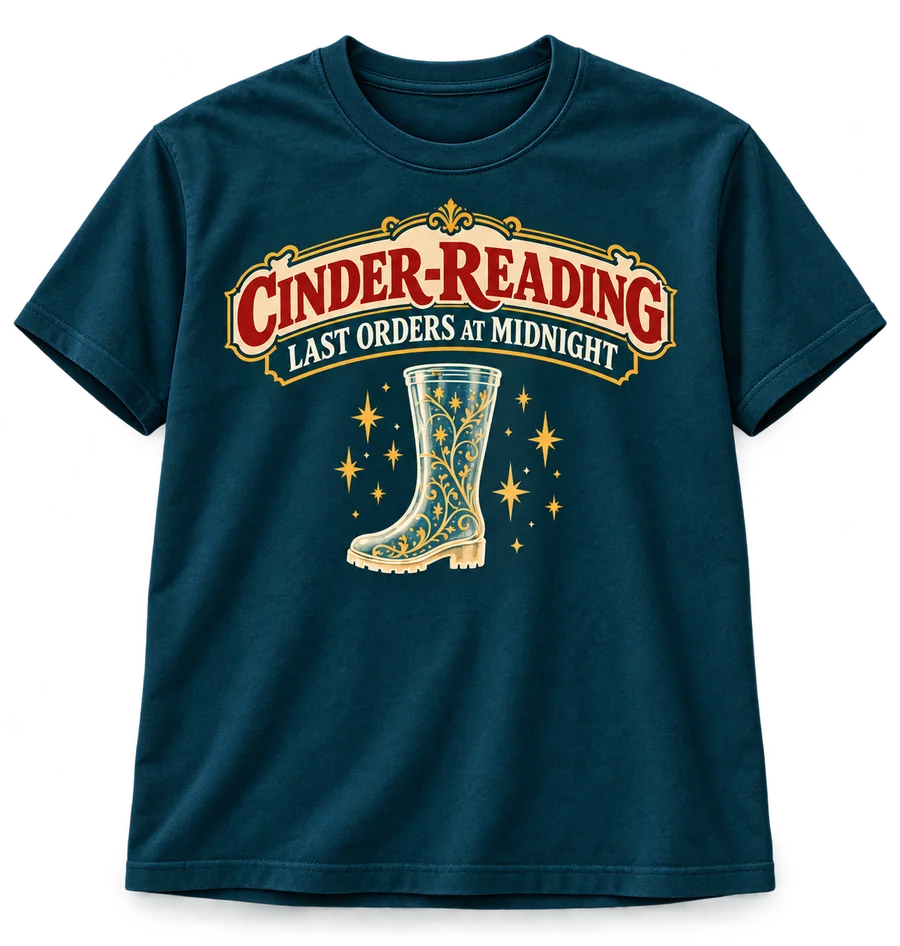 Petrol blue T-shirt printed with the Cinder-Reading masthead and the glass welly among gold stars